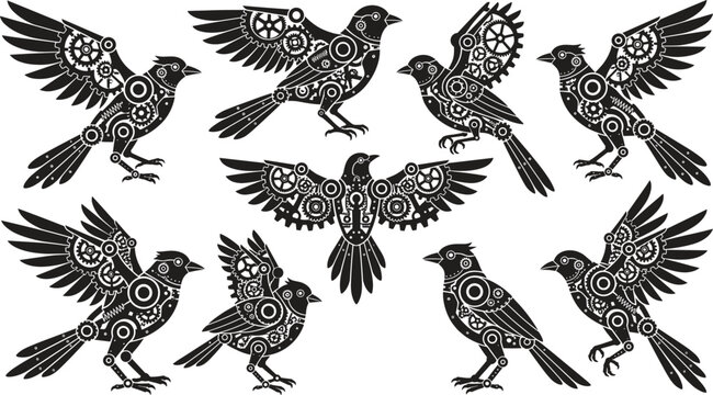 Steampunk fantasy flying bird silhouettes collection depicting industrial mechanical clockwork gears cogs and cybernetic machinery inside wild sparrow vector