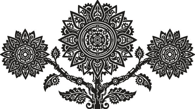 Steampunk fantasy sunflower silhouette depicting an intricate mechanical clockwork flower design with industrial gears cogs cybernetic stems and ornate botanical leaves vector