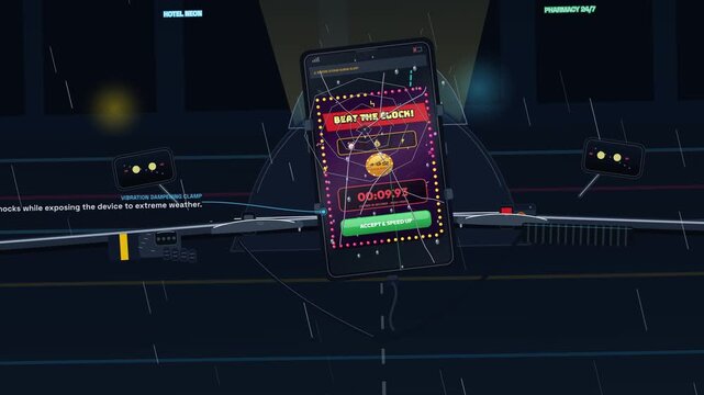 Animated infographic showing the dangerous reality of gig economy gamification from a delivery driver's perspective pushing them to speed up in bad weather via algorithmic app management