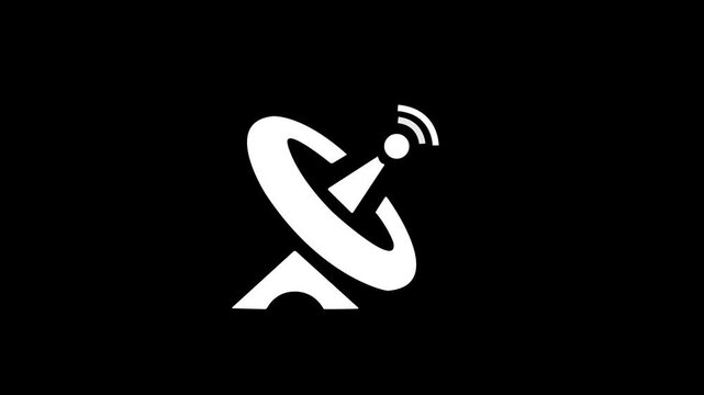 Minimalist white satellite dish icon emitting signal waves for space telecommunication, radar dish, network connection, broadcast antenna, radar station