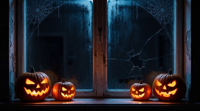 Spooky Halloween scene with four glowing jack-o'-lanterns on a dark windowsill, featuring spider webs and a broken window pane with condensation at night, creating a mysterious and eerie atmosphere.
