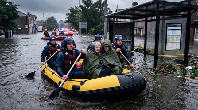 Emergency rescue team navigating a yellow inflatable boat through flooded urban streets to transport elderly residents during a heavy storm