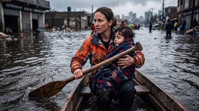 A devoted mother navigates a flooded urban landscape in a small wooden boat, carrying her infant child through disaster aftermath wreckage