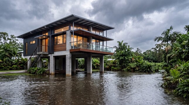 Modern elevated stilt house architecture surrounded by floodwaters in a tropical landscape setting during a heavy rainstorm with gloomy sky