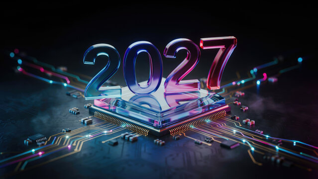 Year 2027 glowing glass numbers mounted on a high tech computer processor circuit board with sit atop computer numbers representing infrastructure semiconductor electronics microchip