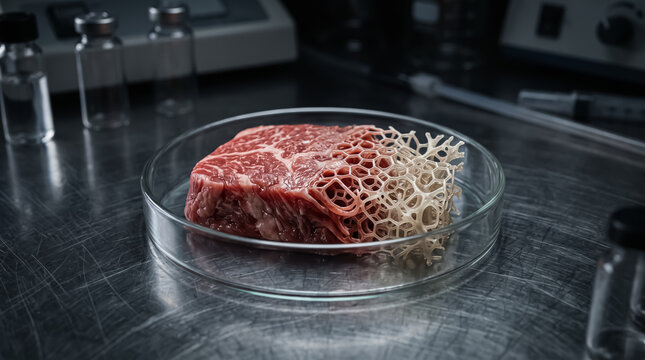 A piece of raw meat in a petri dish, with a honeycomb-like structure developing on one side, suggesting a scientific experiment in food production.