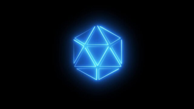 Glowing blue neon icosahedron geometric polyhedron icon for 3D modeling, tabletop gaming D20 die, futuristic technology, blockchain node