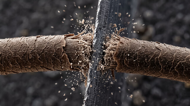 Close-up of a single hair strand being cut by a razor, creating a dramatic visual of breakage and vulnerability
