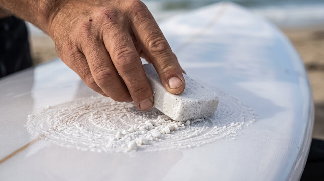 A close-up shot of a hand waxing a surfboard outdoors. The surfboard is white with a thin orange line. The hand is holding a white wax block, and there is a circular pattern of wax on the board