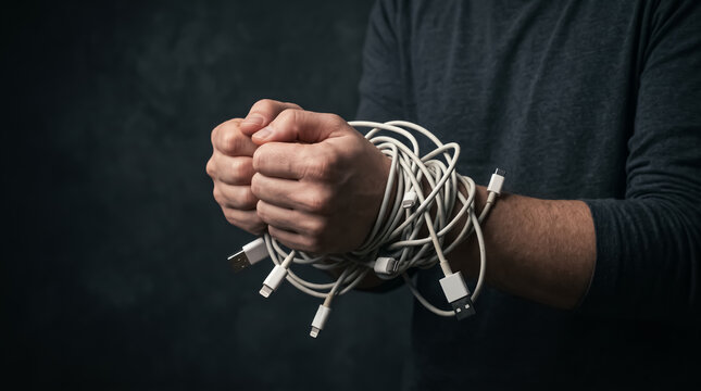 Tangled in cords, a person's hands are bound by a mess of white cables, symbolizing digital overload and technological dependency. The dark background emphasizes the feeling of being trapped.