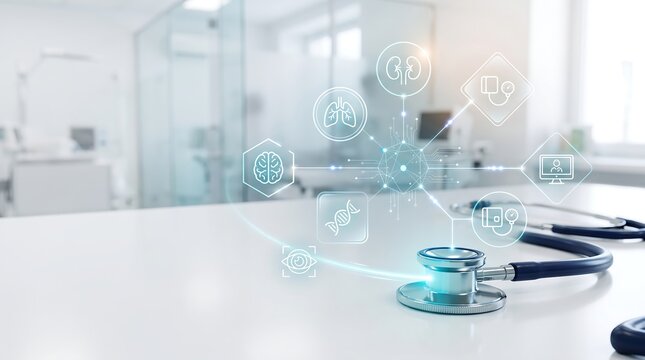 Stethoscope resting on a table next to a digital holographic interface displaying various medical diagnostic icons for healthcare analysis and modern hospital clinical environment