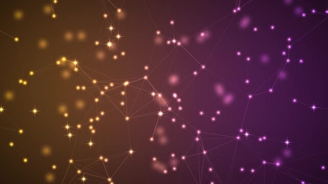 Abstract plexus background with glowing particles, digital network connection lines on purple and gold gradient, futuristic technology data visualization