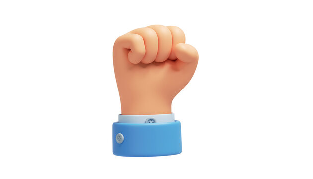 A 3D rendered cartoon hand is held in a clenched fist gesture against a white background.