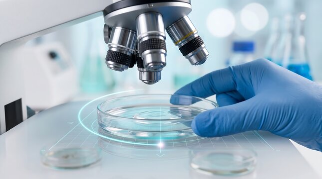 Scientist hand in blue medical glove placing petri dish under professional microscope with glowing digital interface for biochemical analysis in clinical research lab