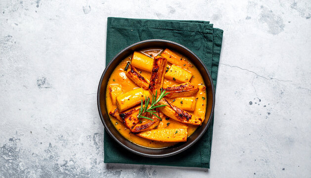 Crisp detail of roasted carrot batons served in a round baking dish on a clean background