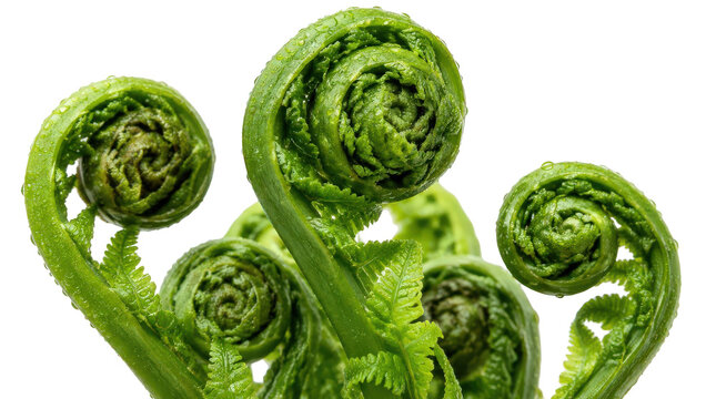Close-up view of vibrant green fiddlehead ferns unfurling against a clean white background, showcasing their intricate spiral patterns and fresh texture.