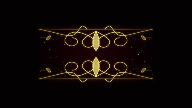 Elegant golden ornamental divider with symmetrical flourishes and glowing lines on a dark background