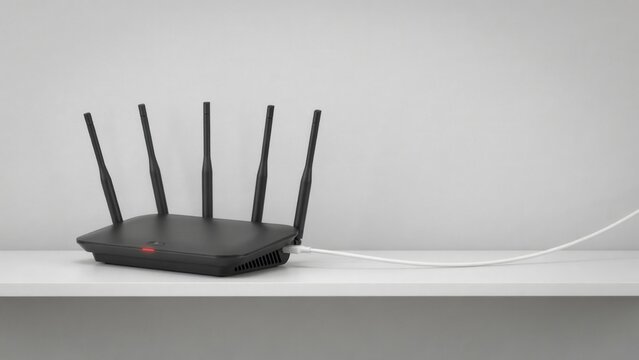 A black wireless router with multiple antennas sits on a white shelf against a plain wall. Ideal for home networking and internet connectivity technology concepts.