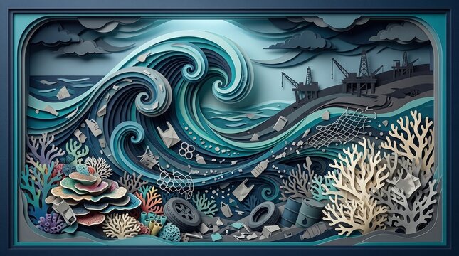 Paper art illustration of ocean pollution with plastic waste and garbage threatening marine life