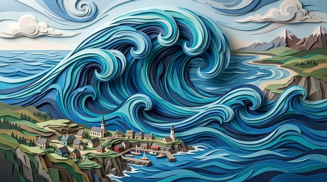 Stylized 3D paper cut art illustration of a giant blue ocean wave crashing near a coastal village and mountains