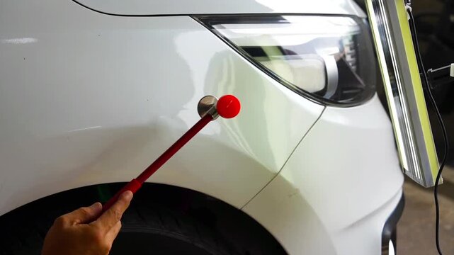 Removing dents on the car. PDR technology. Car body repair without painting.
