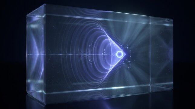 Cherenkov radiation cone glowing in transparent block for scientific