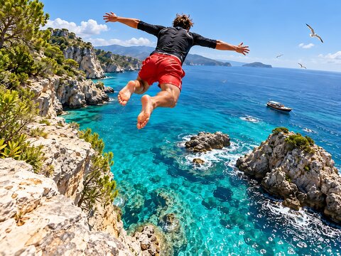 A man jumping from a rocky cliff into the deep turquoise mediterranean sea with a boat sailing in the distance under a bright blue summer sky with flying seagulls overhead