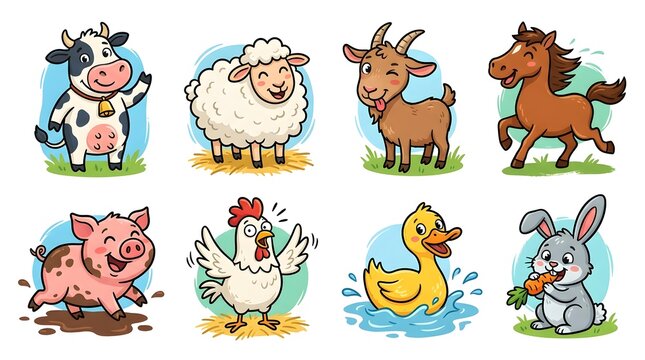 Set of cute cartoon farm animals including cow, sheep, goat, horse, pig, chicken, duck and rabbit in happy playful poses