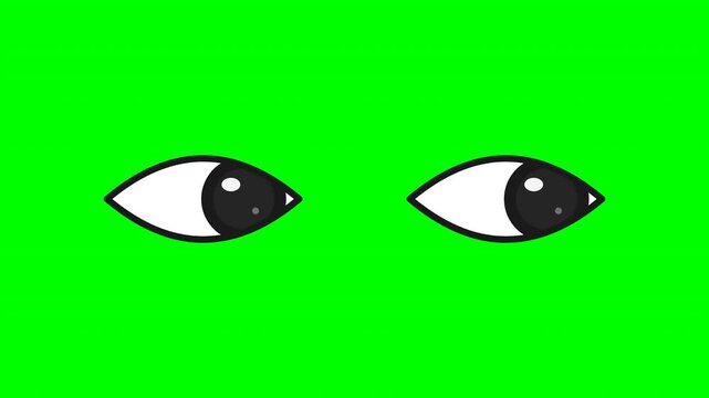 cartoon eyes looking sideways on green screen background for video editing and spy animation compositing