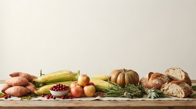 Fresh autumn harvest vegetables and fruits arranged on a rustic wooden table