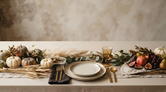 Elegant autumn table setting with pumpkins and natural greenery decor