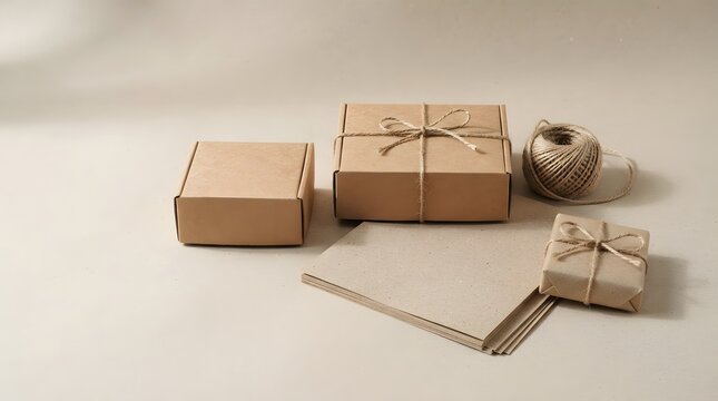 Assortment of kraft paper packages with twine and decorative elements