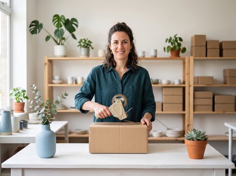 Woman packing cardboard box tape dispenser small business studio