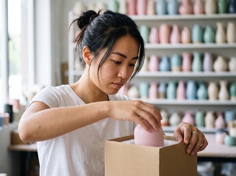 Woman packing handmade ceramic vase into shipping box customer order