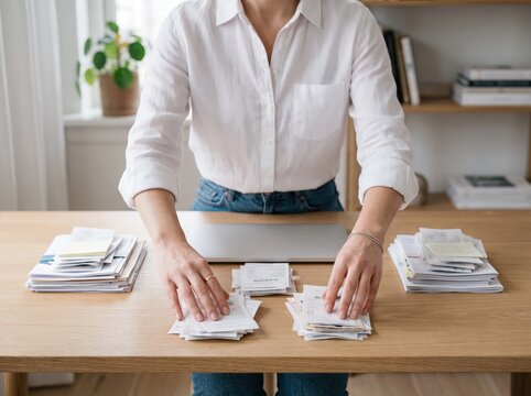 Woman sorting paper receipts wooden office desk