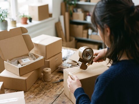 Woman taping cardboard delivery box small business e-commerce packaging