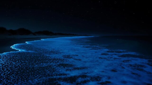 Bioluminescent glowing blue waves washing ashore on a dark sandy beach at night under a starry sky
