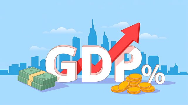 GDP growth concept with rising arrow, city skyline, money, coins, and percentage symbol