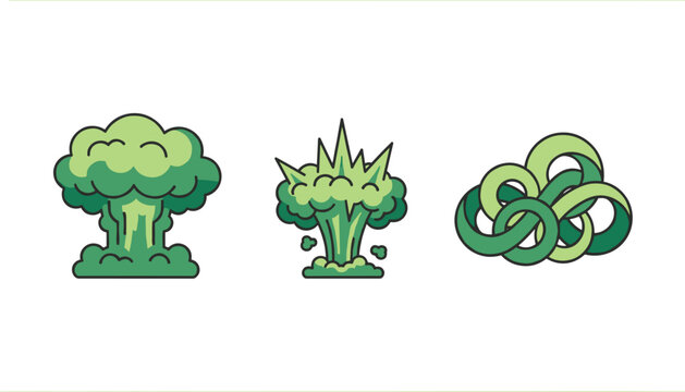 Three abstract conceptual smoke clouds represent different styles of explosion and toxic gas clouds.