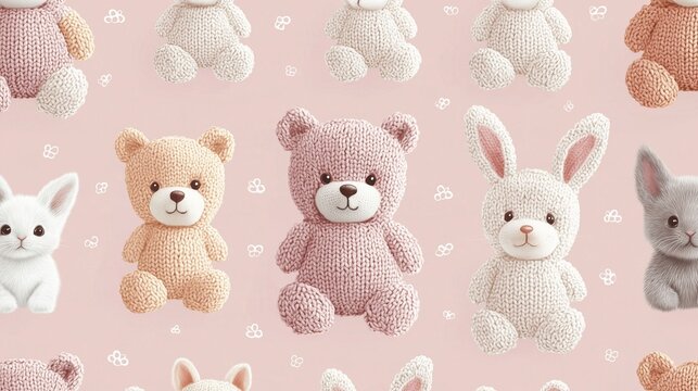 Seamless Pattern knitting style featuring adorable knitted teddy bears, bunnies, kittens, and puppies, soft pastel yarn texture, cute handmade aesthetic, realistic textile photo style