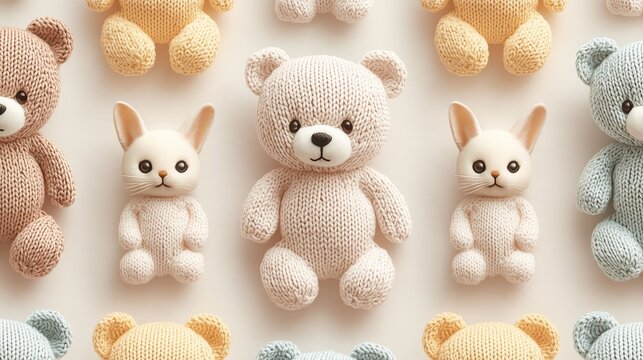 Seamless Pattern knitting style featuring adorable knitted teddy bears, bunnies, kittens, and puppies, soft pastel yarn texture, cute handmade aesthetic, realistic textile photo style