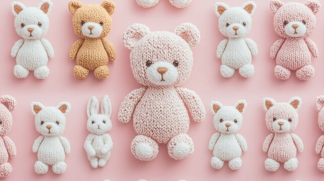 Seamless Pattern knitting style featuring adorable knitted teddy bears, bunnies, kittens, and puppies, soft pastel yarn texture, cute handmade aesthetic, realistic textile photo style