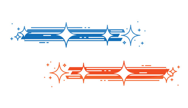 Glowing light trails with sparkle stars in blue and orange colors horizontally aligned on a white background.