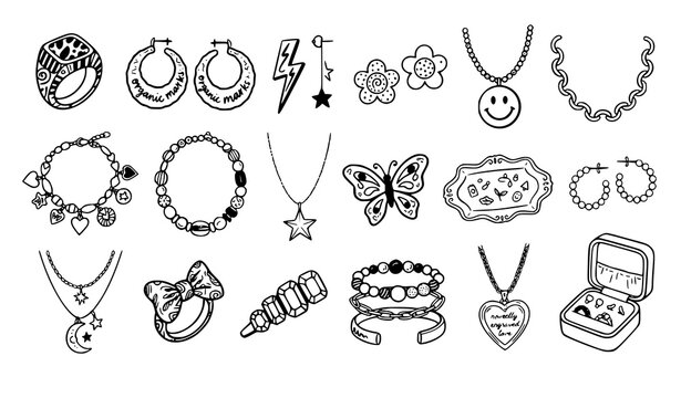 Trendy Fashion Jewelry Doodles, Playful Rings Earrings Charms and Bracelets Vector Collection