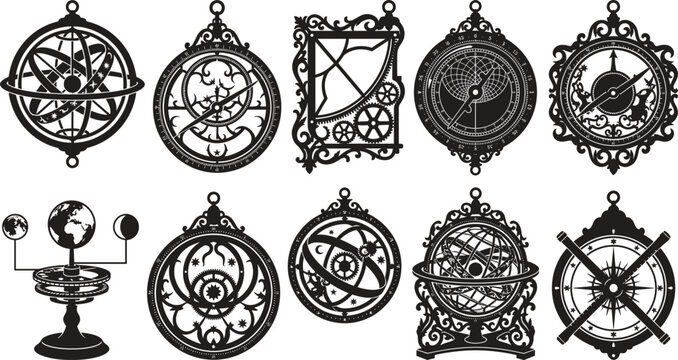 Vintage astronomy instruments silhouettes vector set featuring antique astrolabes armillary spheres steampunk clockwork gears and celestial navigation charms