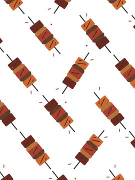 Seamless pattern features brown and orange barbecue skewers diagonally arranged on a white background. Each skewer consists of alternating square shapes representing grilled meat and vegetables.