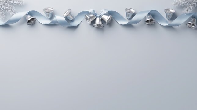 Christmas festive background with silver bells and light blue ribbon on a soft grey surface