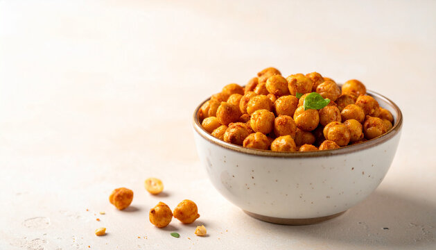 Crisp detail of crispy roasted chickpeas in a ceramic snack bowl on a clean background