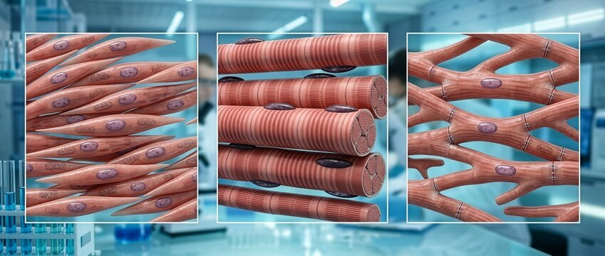 Three Types of Muscle Tissue, Smooth Skeletal and Cardiac Muscle Cell Comparison