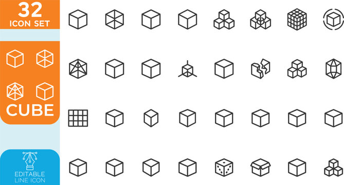 Cube and 3d geometry line editable Vector illustration icon set. for digital interface design, representing box shapes, structural modeling, and technical development elements.
